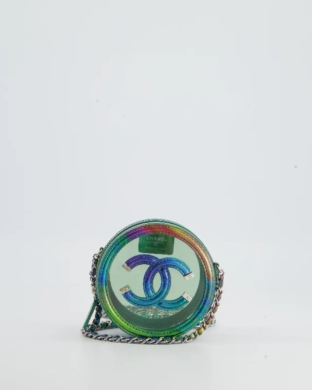 CHANEL bags with bold finishes -Chanel Rainbow Green Filigree PVC CC Mini Round Crossbody Bag with Silver Hardware