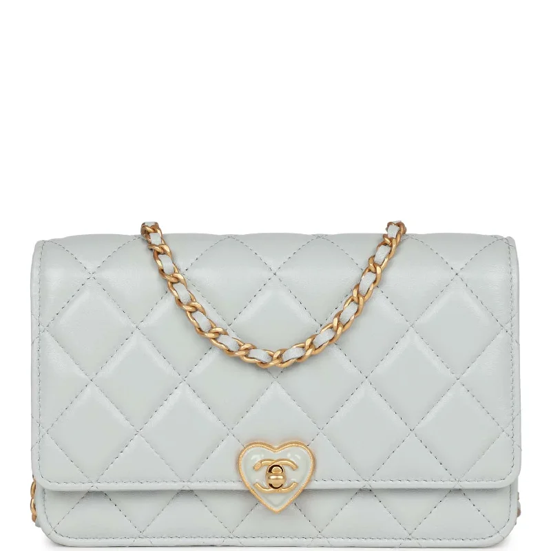 CHANEL bag with lambskin leather -Chanel Heart Wallet on Chain WOC Light Blue Lambskin Aged Gold Hardware