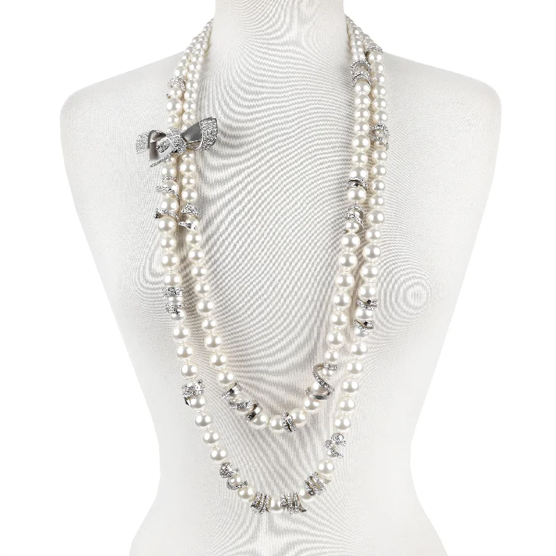 CHANEL luxury watches with modern design -Chanel Large Pearl X-Long Couture Necklace w/ Silver Crystal CC Bow & Spirals