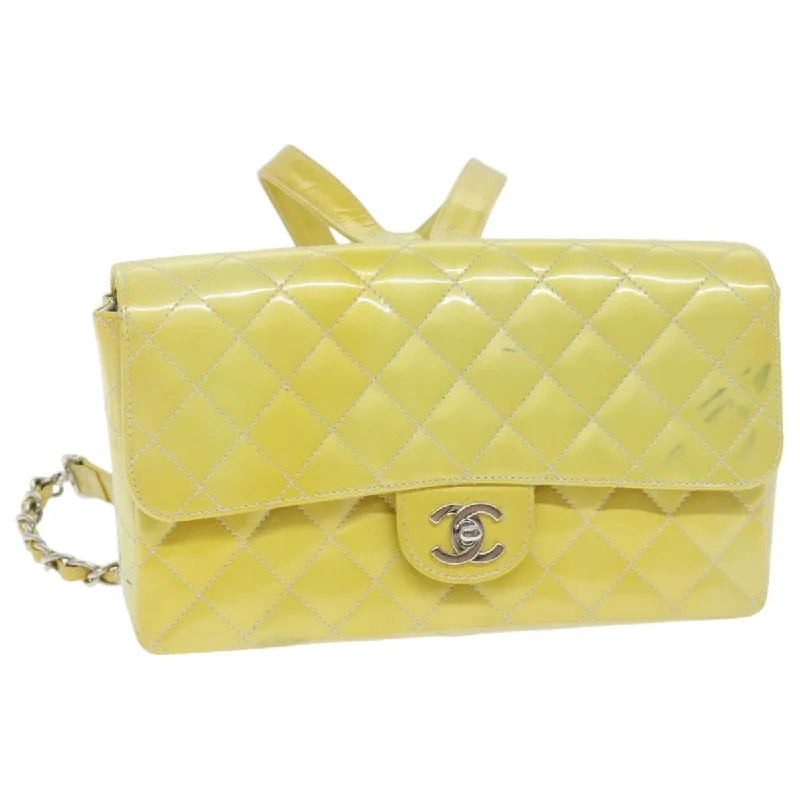 CHANEL bags with adjustable shoulder straps -CHANEL Matelasse Backpack Patent leather Yellow Silver CC  89374