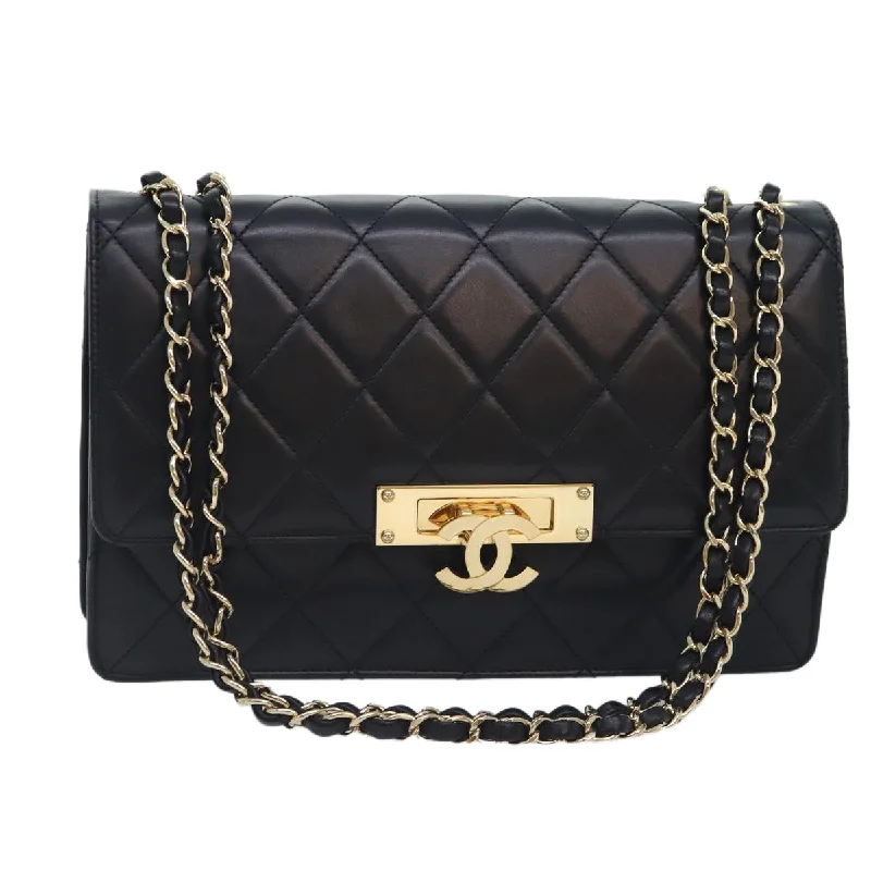 Designer CHANEL bags for formal occasions -CHANEL Matelasse  COCO Mark Chain Bag Lamb Skin Black Gold CC  yk15214A