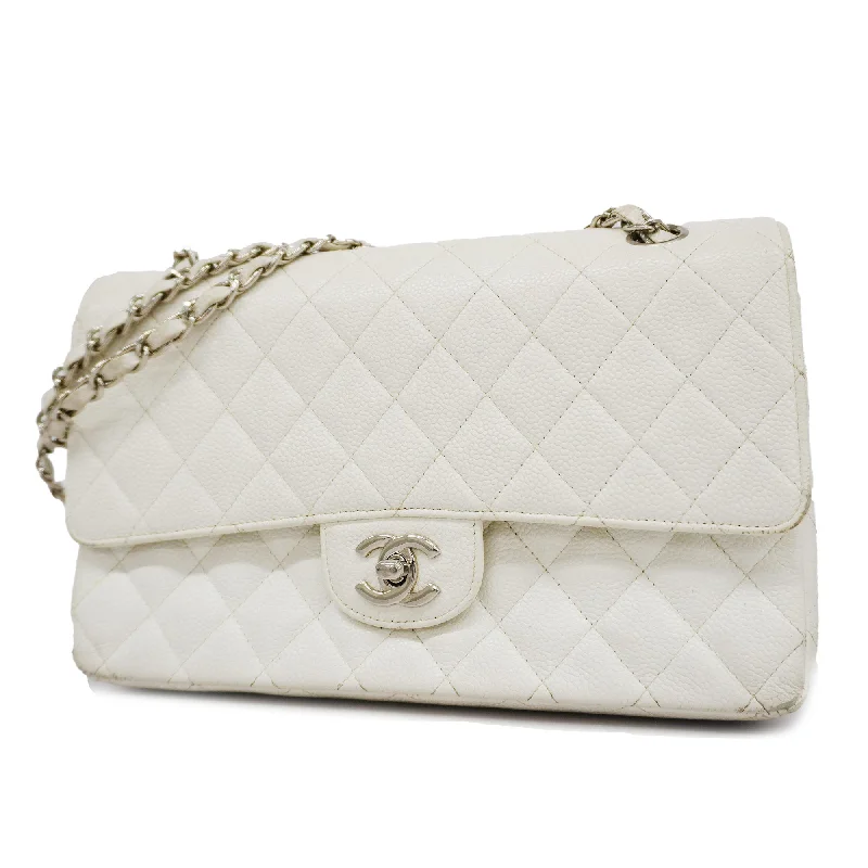 CHANEL black leather bags -CHANEL  Matelasse W Flap W Chain Women's Caviar Leather Shoulder Bag White