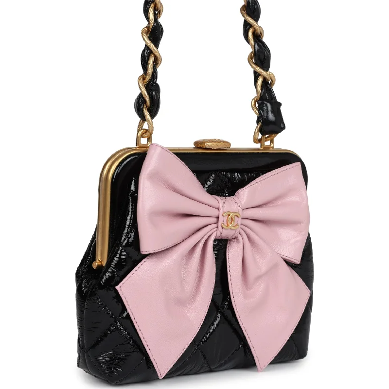 Stylish CHANEL bags with modern appeal -Chanel Mini Clutch with Bow Crossbody Bag Black Shiny Lambskin and Pink Patent Crumpled Lambskin Antique Gold Hardware