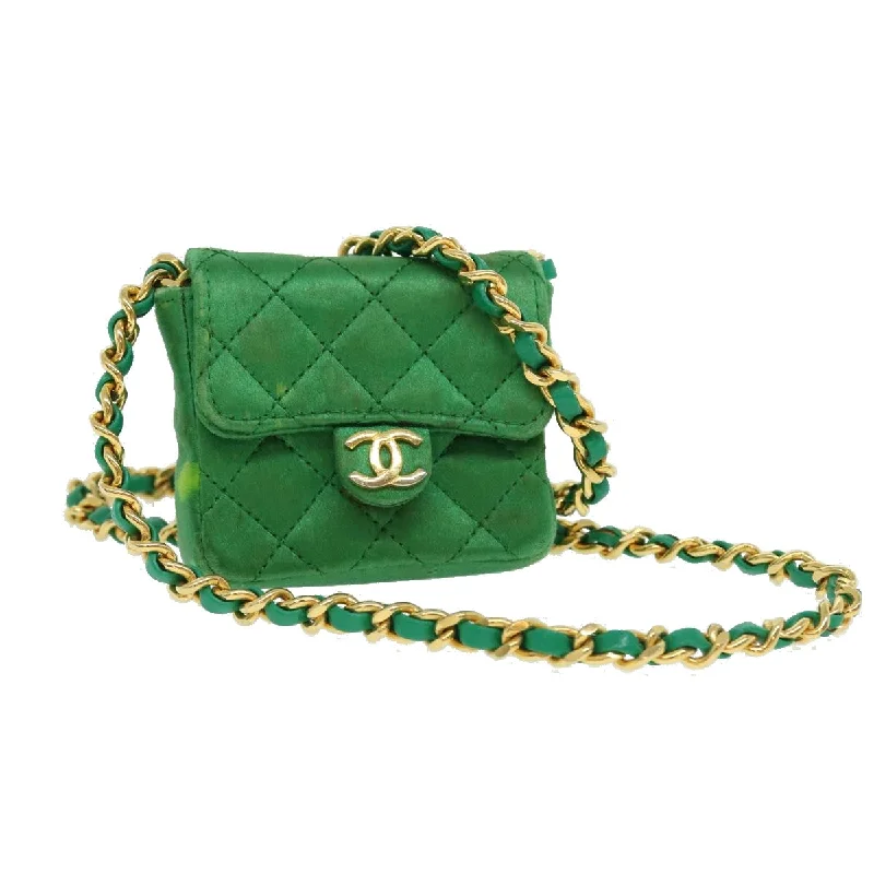 CHANEL luxury leather bags -CHANEL Mini Matelasse Chain Pouch Shoulder Bag Satin Green Gold CC  51271A