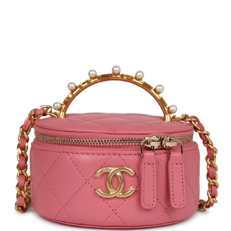 CHANEL bags for women’s fashion -Chanel Mini Round Top Handle Vanity Case Dark Pink Lambskin Gold Hardware