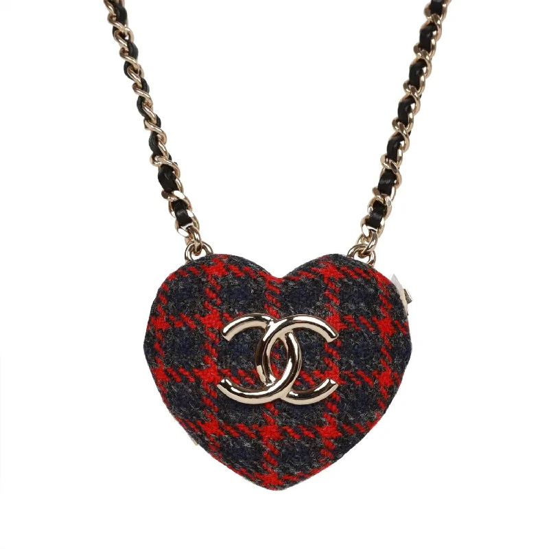 Buy CHANEL pearl necklaces -Chanel Red and Blue Plaid Heart Necklace Locket Light Gold Hardware