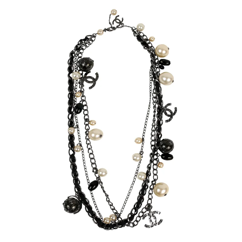 CHANEL necklaces with logo pendant -Chanel Ruthenium Globe Multiple Strand Necklace w/ Pearls & CC