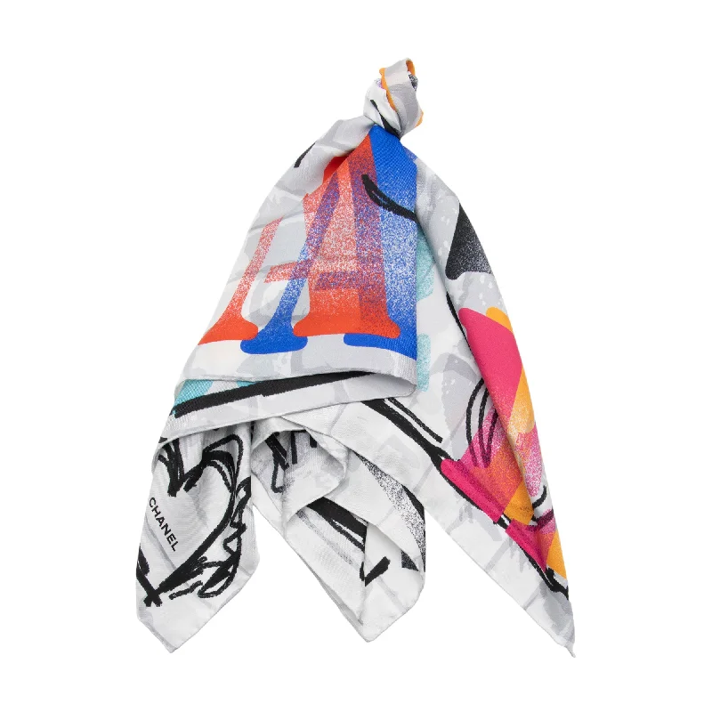 Chanel Silk Make Fashion Not War Graffiti 90cm Scarf (YD4Jrm)