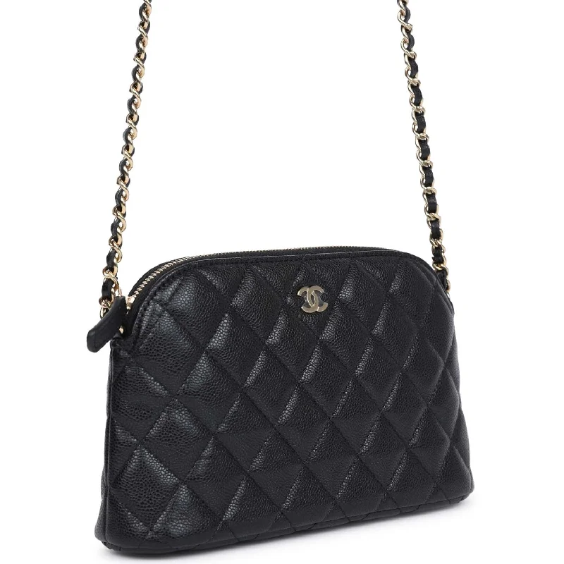 CHANEL black leather bags -Chanel Small Clutch with Chain Crossbody Bag Black Caviar Light Gold Hardware