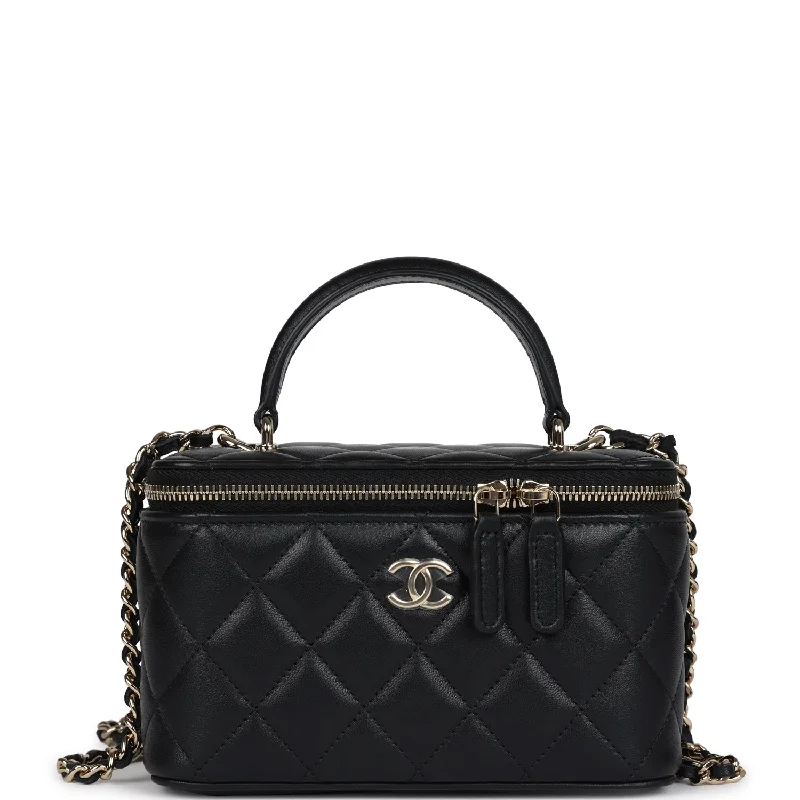 CHANEL bags with chain details -Chanel Small Top Handle Vanity Case Black Lambskin Light Gold Hardware