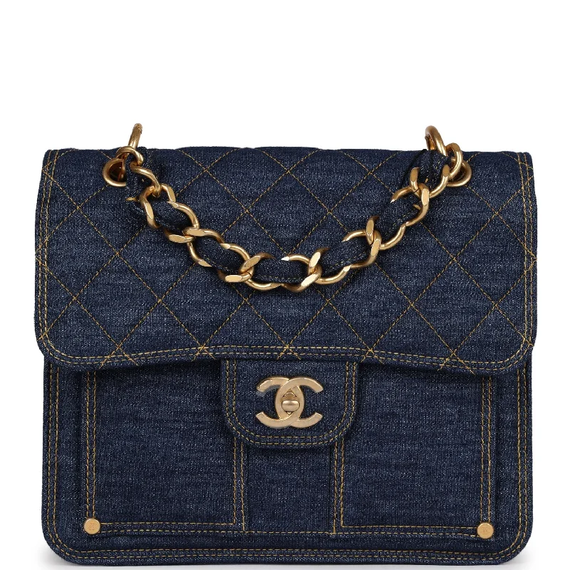 CHANEL bags for everyday elegance -Chanel Square Flap Backpack Blue Denim Antique Gold Hardware