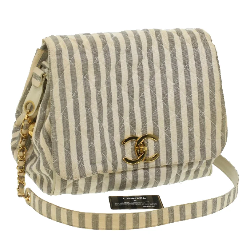 Buy CHANEL bags with leather exterior -CHANEL Striped Matelasse Chain Shoulder Bag Canvas White Gray CC  bs3642