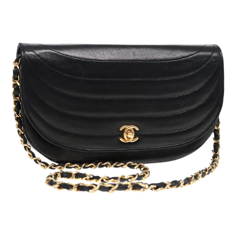 Chic CHANEL bags for street fashion -CHANEL Turn Lock Half Moon Chain Bag Lamb Skin Black Gold CC  yk14718