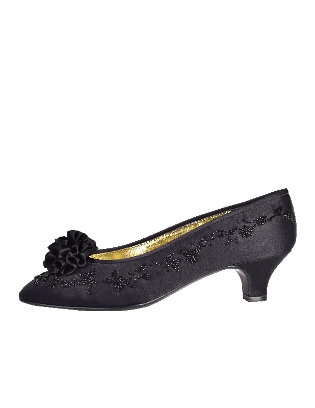 CHANEL shoes with crystal details -Chanel Vintage 1980s Black Beaded Embellished Satin Low Heel Pumps