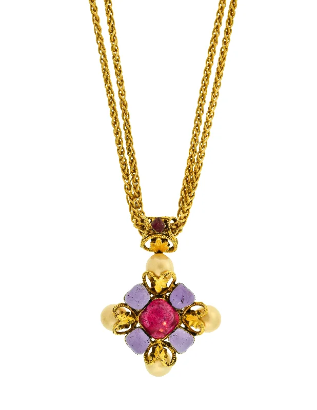 CHANEL jewelry with gold hardware -Chanel Vintage AW 1999 Byzantine Magenta Lavender Bordeaux Gripoix Pearl Pendant Sautoir Necklace