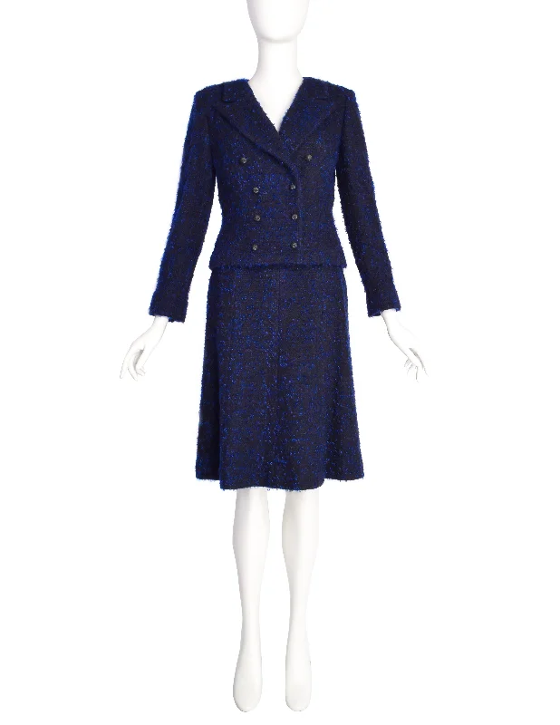 Buy CHANEL silk blouses -Chanel Vintage AW 2002 Runway Black Blue Wool Boucle Owl Button Two Piece Jacket Skirt Suit