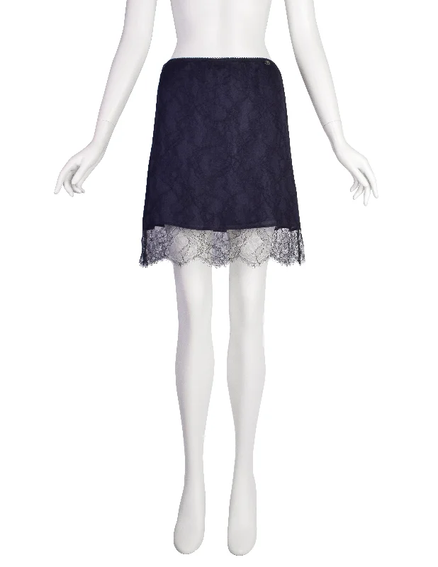 Luxury CHANEL workwear clothing -Chanel Vintage Navy Blue Silk and Lace Overlay Mini Skirt