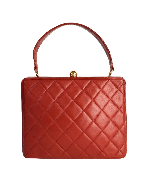 CHANEL bags for chic women -Chanel Vintage Quilted Matelasse Red Lambskin Leather Structured Top Handle Bag