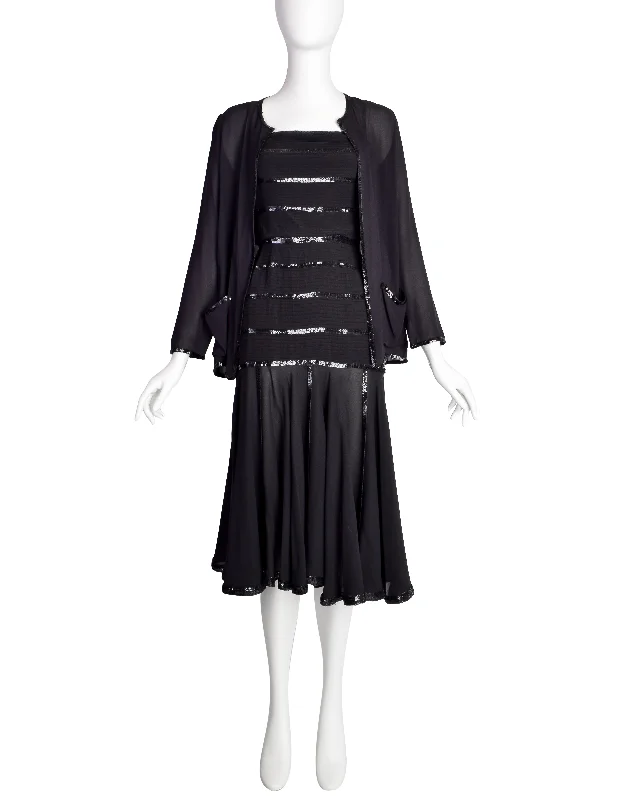 CHANEL sleeveless dresses for women -Chanel Vintage Rare Black Pleated Silk Sequin Dress and Jacket Ensemble Set