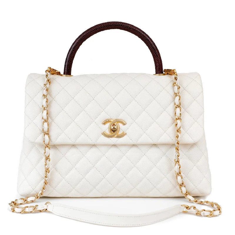 CHANEL bags for casual wear -Chanel White Caviar Coco Bag w/ Lizard Skin Handle & Gold Hardware