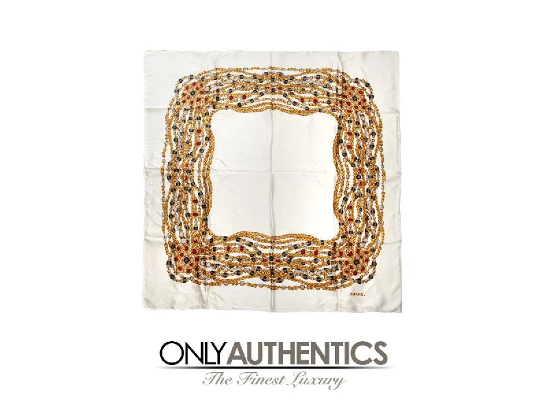 Chanel White Gripoix Chains Silk Scarf