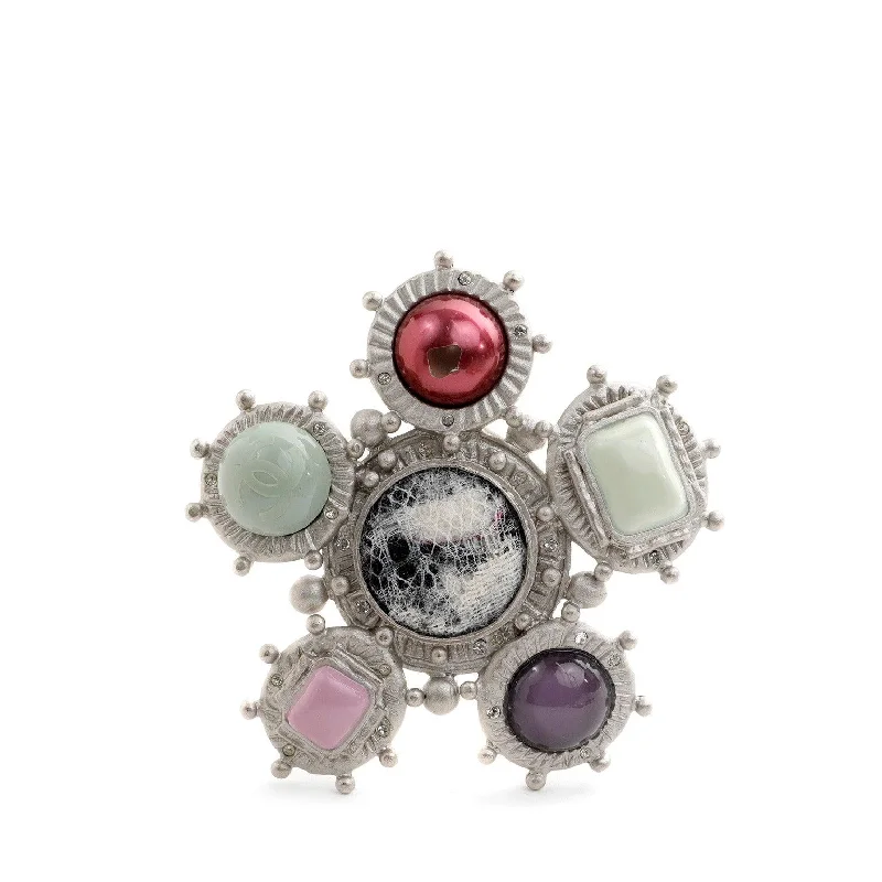 Buy CHANEL earrings online -Chanel Green & Purple Stone & Tweed Center Brooch w/ Silver Hardware