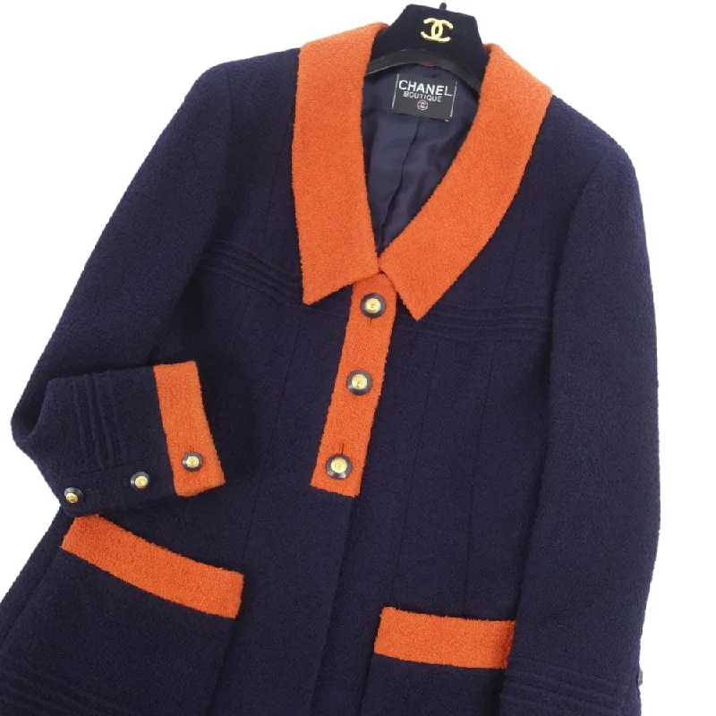 CHANEL tops for casual wear -Vint Chanel Jacket 93A Wool Tweed Coco Button   French Made M Equivalent Navy/Orange