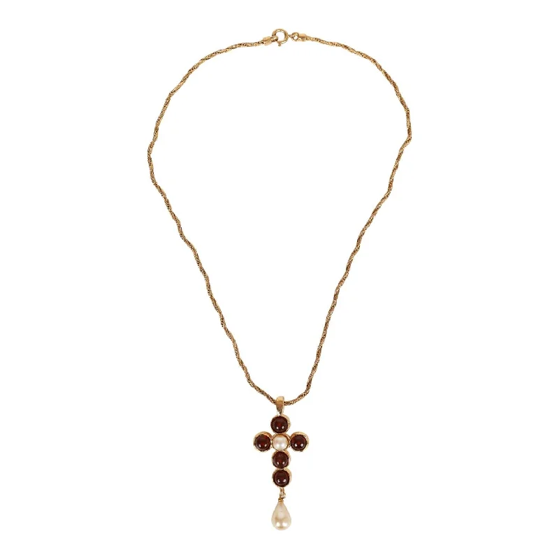 CHANEL watches with round faces -Chanel Vintage Gold Gripoix and Pearl Embellished Cross Pendant Necklace