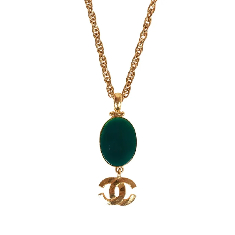 Authentic CHANEL necklaces -Chanel Vintage Gold Plated Hanging Green Gripoix and CC Pendant Necklace