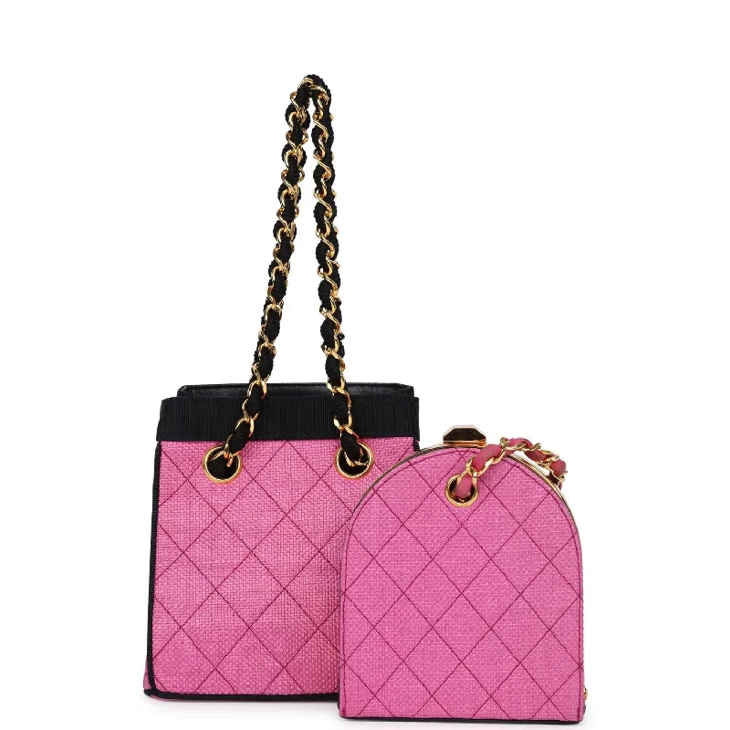 CHANEL bags for every season -Vintage Chanel Set of Two Mini Bucket Bag & Oval Handbag Pink and Black Raffia Gold Hardware