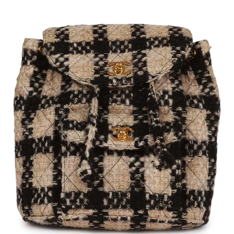 CHANEL bags with statement shapes -Vintage Chanel Duma Backpack Beige and Black Tweed Gold Hardware