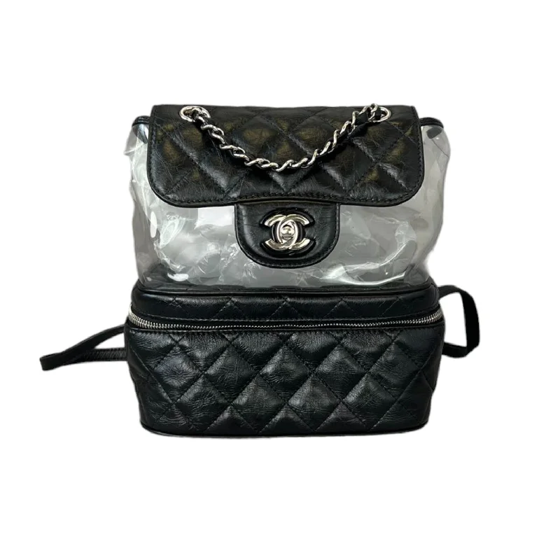 Authentic CHANEL bags with leather lining -Aquarium Backpack Large Crumpled Calfskin PVC Quilted Black SHW