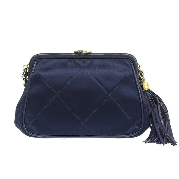 CHANEL top handle bags -CHANEL Around 1985~1990 Made Silk Satin Cc Mark Stitch Fringe Metal Clasp Chain Bag Navy