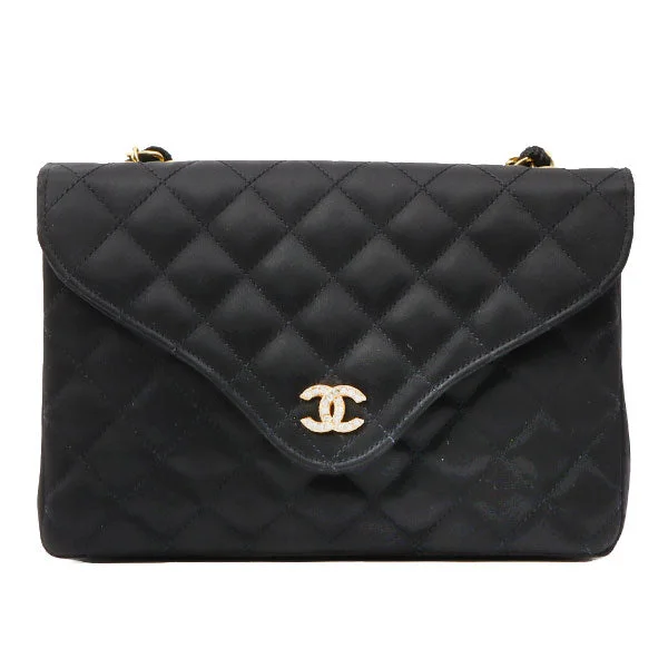 CHANEL handbags with chain strap -Chanel Around 1985~1990 Made Silk Satin Rhinestone Cc Mark Plate Chain Bag Black