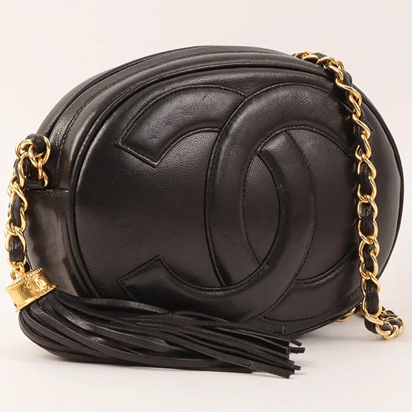 CHANEL bags with vintage appeal -CHANEL Around 1990 Made Big Cc Mark Stitch Fringe Mini Chain Bag Black