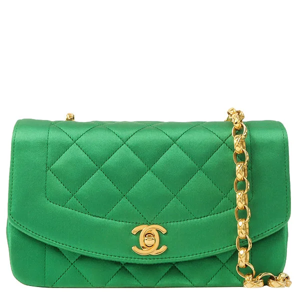 Authentic CHANEL bags -Chanel Around 1990 Made Silk Satin Diana Flap Bijou Chain Bag Mini Green