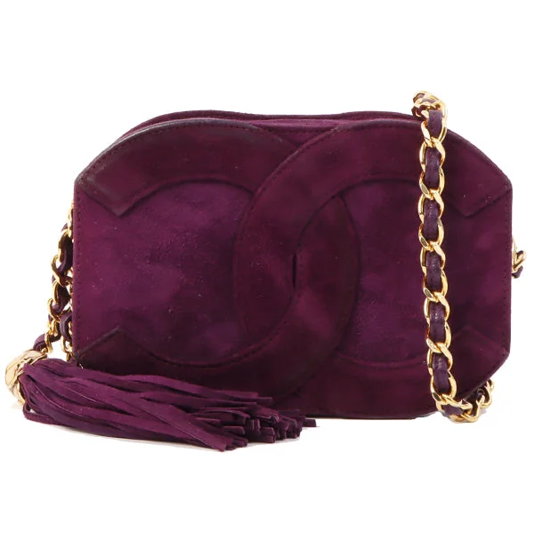 Authentic CHANEL bags with leather lining -Chanel Around 1990 Made Suede Big Cc Mark Stitch Fringe Chain Bag Purple