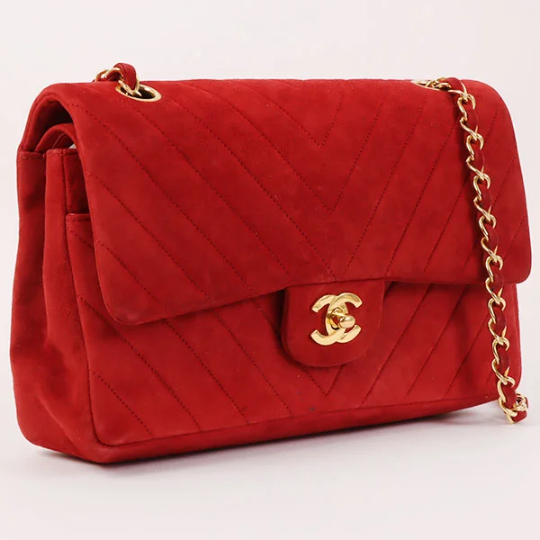 CHANEL bags with elegant clasp -CHANEL Around 1990 Made Suede V Stitch Classic Flap Chain Bag 25Cm Red