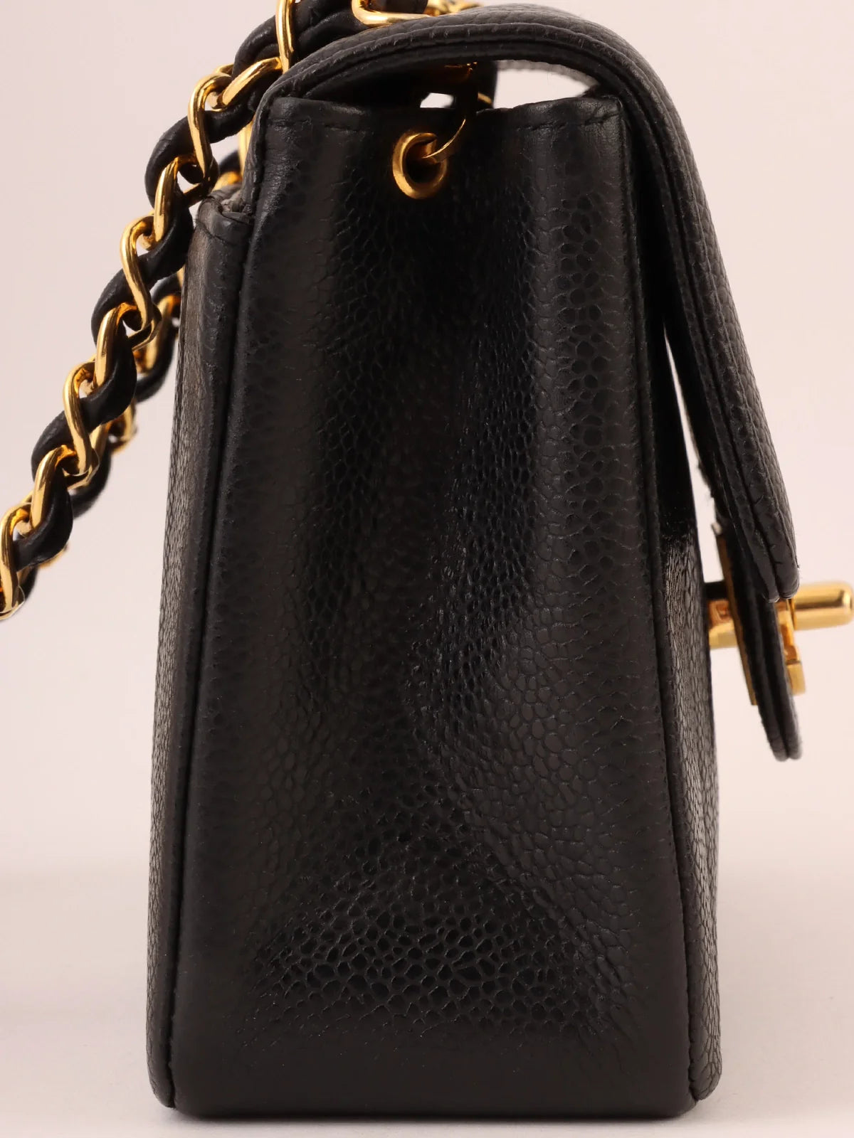 CHANEL bags for evening wear -CHANEL Around 1992 Made Caviar Skin Mademoiselle Stitch Turn-Lock Chain Bag Mini Black