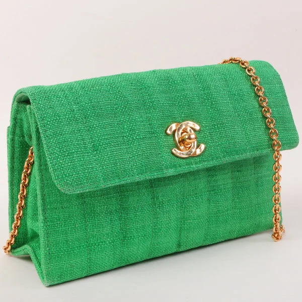 Designer CHANEL handbags for special occasions -Chanel Around 1992 Made Linen Mademoiselle Stitch Turn-Lock Chain Bag Mini Green