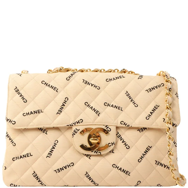 Buy CHANEL bags with unique stitching -Chanel Around 1995 Made Canvas Logo Print Classic Flap Chain Bag Maxi Beige