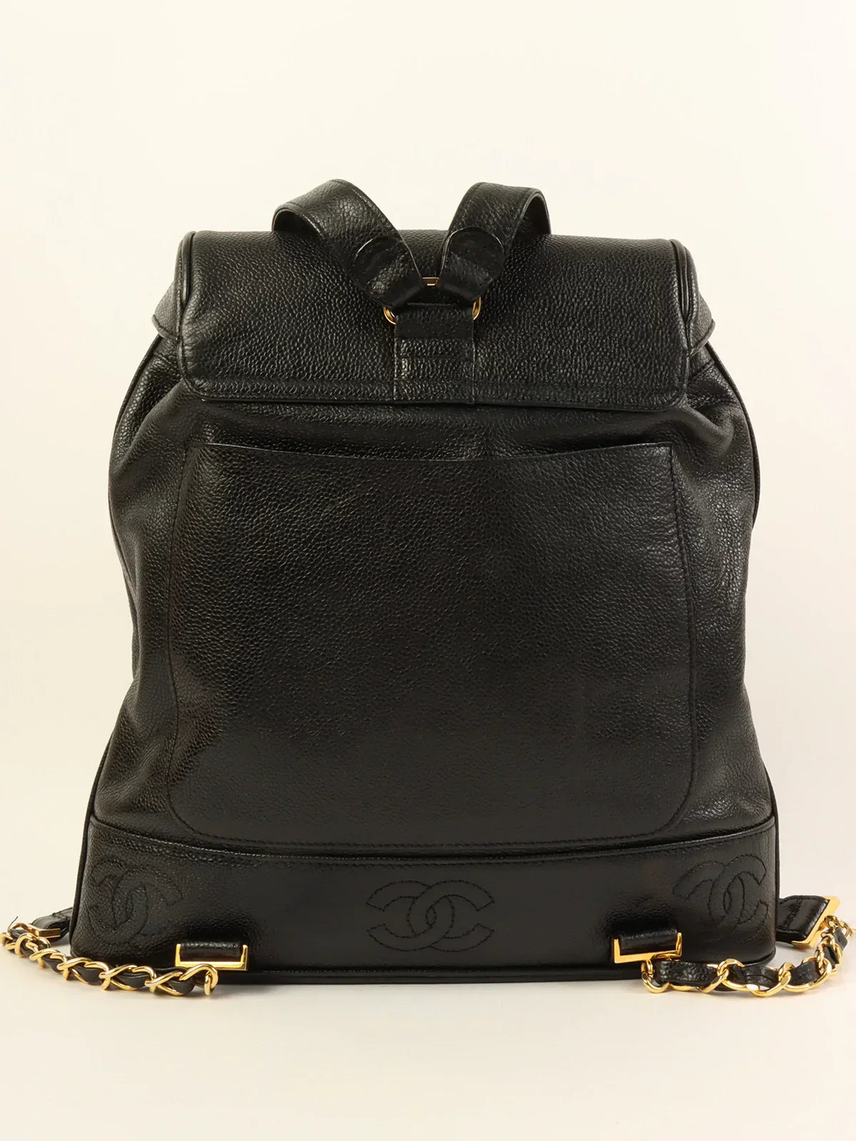 CHANEL black leather bags -CHANEL Around 1995 Made Caviar Skin Cc Mark Plate Backpack Black