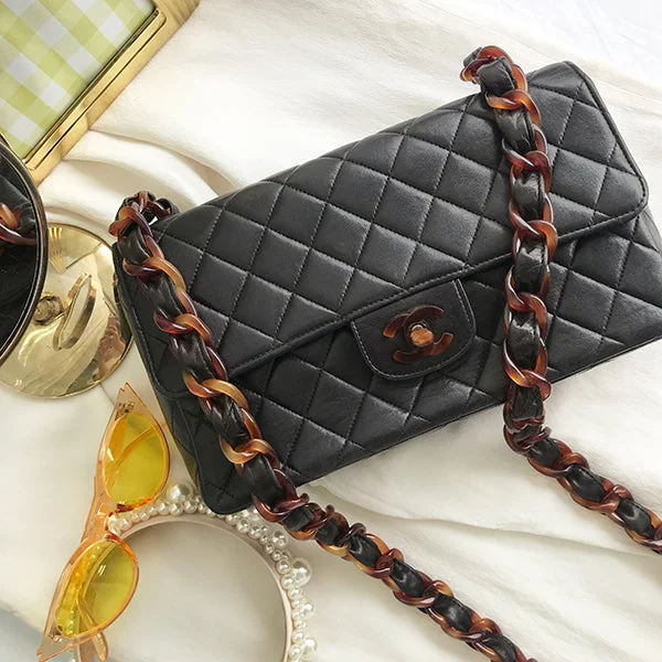 CHANEL bags with iconic design -CHANEL Around 1995 Made Tortoiseshell Classic Flap Chain Bag 25Cm Black