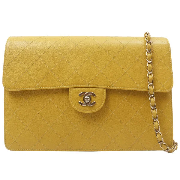 CHANEL 2025 collection bags -Chanel Around 1998 Made Soft Caviar Skin Classic Flap Chain Bag Lime Yellow/ Silver