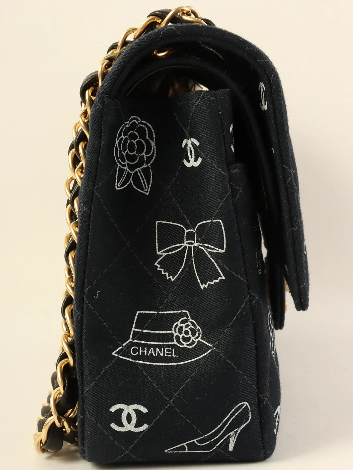 CHANEL bags with customized features -CHANEL Around 2001 Made Canvas Cc Mark Multi Print Classic Flap Chain Bag 25Cm Navy