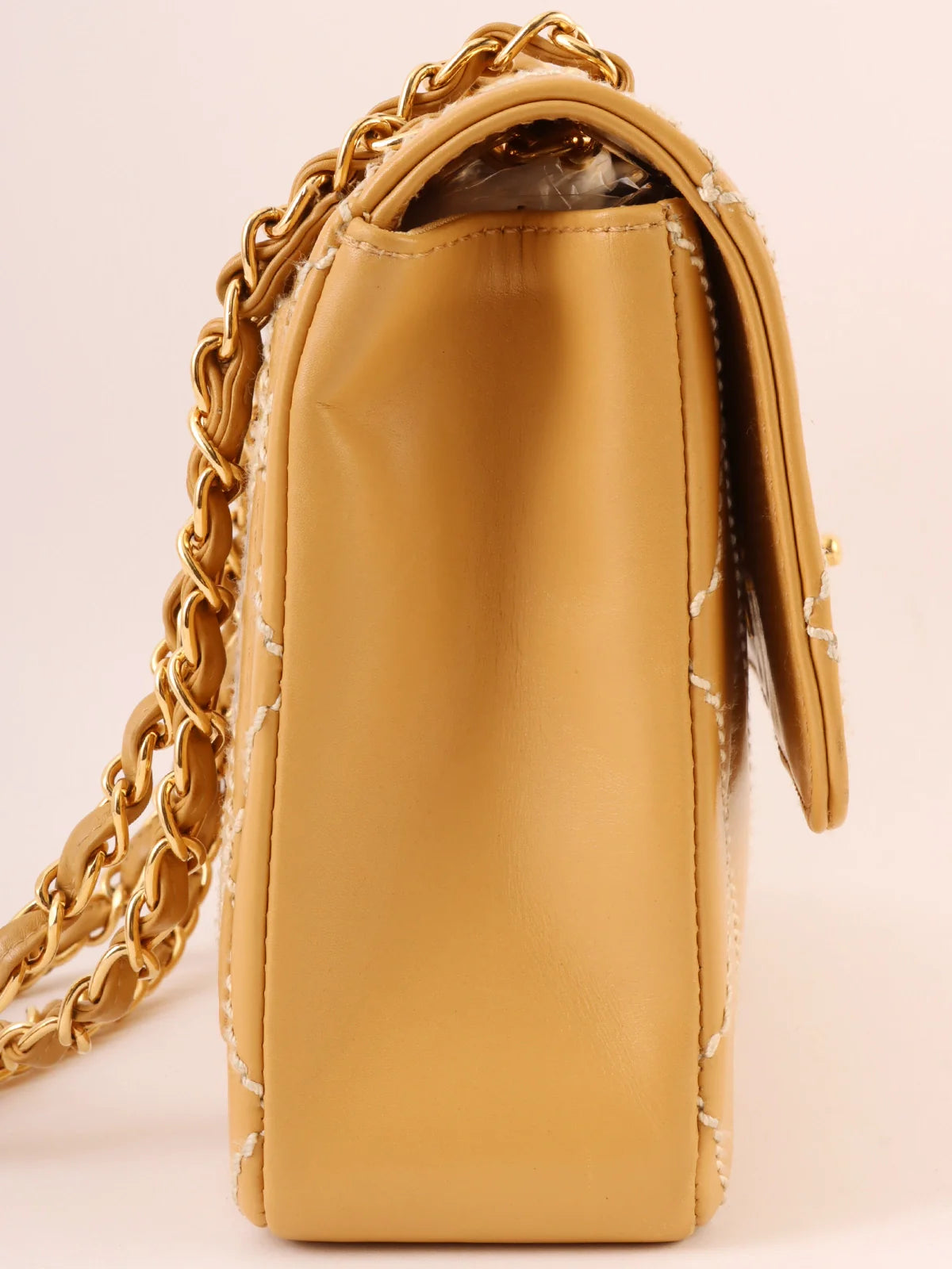 CHANEL bags with statement hardware -CHANEL Around 2001 Made Wild Stitch Turn-Lock Chain Bag Beige