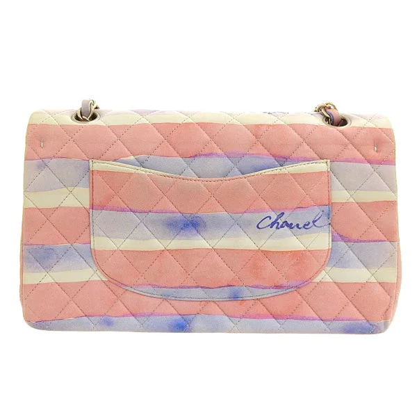 CHANEL bags with unique textures -CHANEL Around 2009 Made Watercolor Logo Print Classic Flap Chain Bag 25Cm Pink/Blue/White