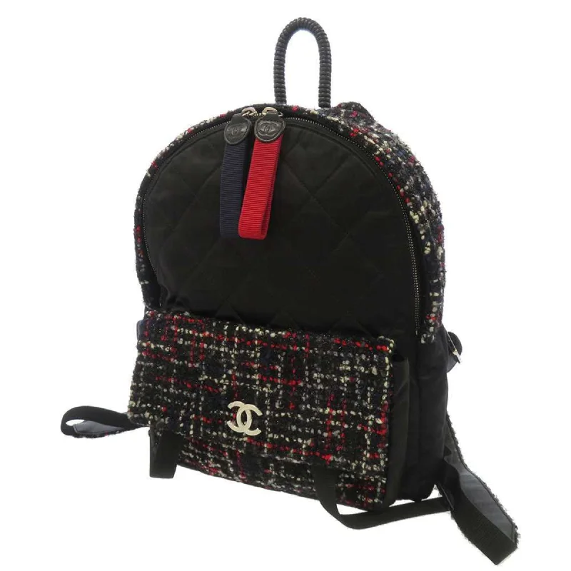 CHANEL bags with logo design -CHANEL Backpack Matelasse Coco Mark Nylon Tweed A91964 Black