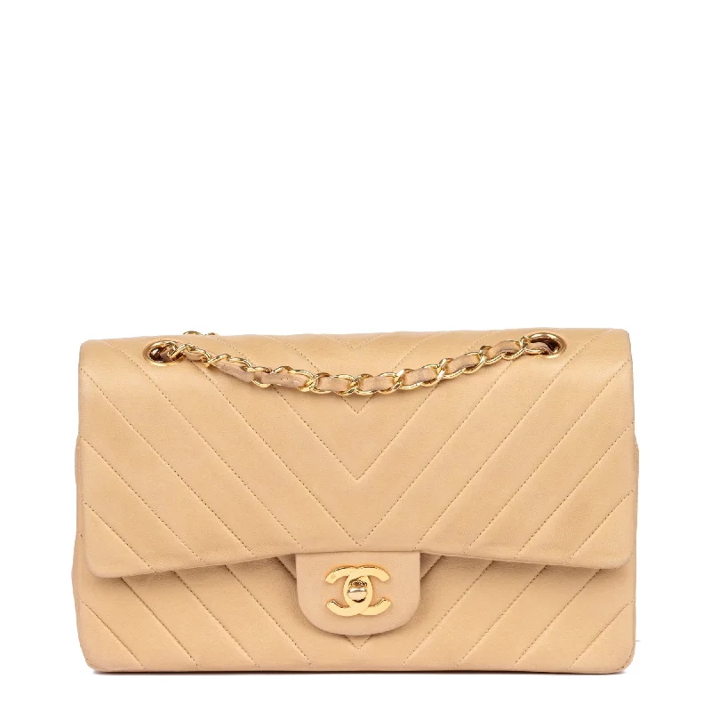 CHANEL bag with detachable chain -Chanel Beige Chevron Quilted Lambskin Vintage Medium Classic Double Flap Bag