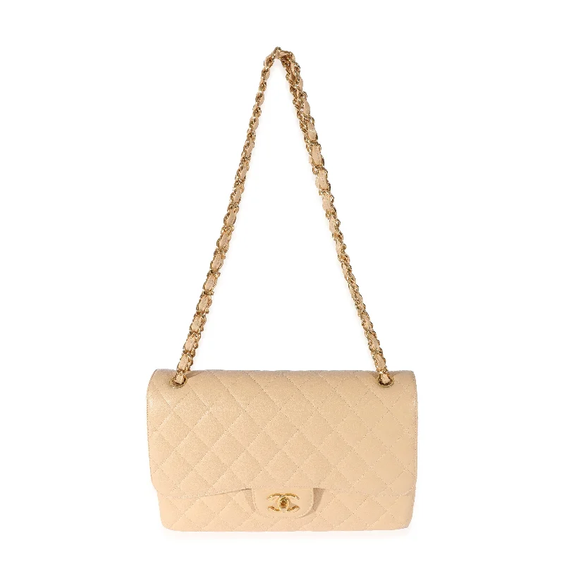 CHANEL bags with adjustable shoulder straps -CHANEL Beige Quilted Caviar Jumbo Classic Double Flap Bag